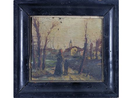 Anonimo (XIX secolo) Paesaggio Olio su tela Misure 15x15 cm