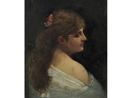Anonimo (XIX secolo) Profilo femminile Olio su tavoletta Misure 25x21,5 cm