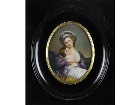Seguace di V. Lebrun Olio su ceramica Madre con Bambino Misure 8,5x6,4 cm
