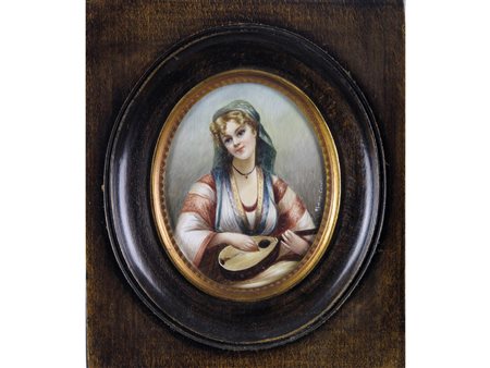Seguace di Corot (XIX-XX secolo) Donna con mandolino Olio su ceramica Misure...