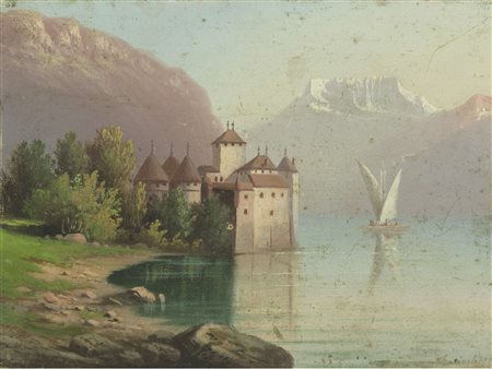 Firma illeggibile (XIX secolo) Castello svizzero Olio su tavola Firmato...