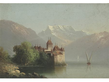 Anonimo (XIX secolo) Castello svizzero Olio su tavola Misure 13x19,1 cm
