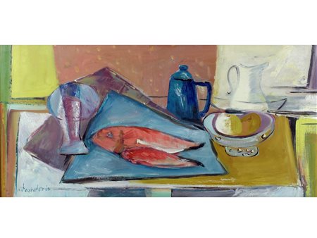Wilkens Hans Desiderio (1921) Natura morta "I pesci rossi" Olio su tela...