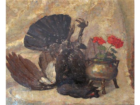 Pio Solero (Sappada di Cadore 1881-1975) Bronzino e gallo cedrone Olio su...