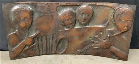 Eli Riva "Musicisti", bassorilievo su lamina di rame montato su pannello in legn