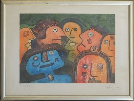 Enrico Baj "Gruppo di famiglia" 1986
acquaforte a colori
(lastra cm 44,5x60; fog