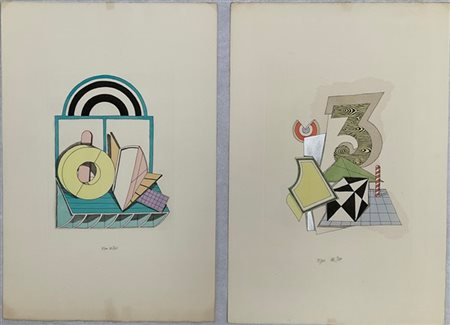 Lucio Del Pezzo Lotto composto da tre incisioni acquerellate
fogli cm 57x38
nume