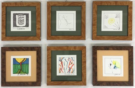 Lotto composto da sei tecniche miste su carta, di soggetti e autori diversi, tr