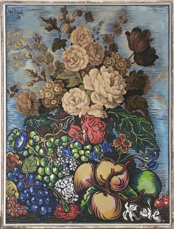 Carlo Hollesch "Fiori stampati, uva, mele e fiore rosso" 1969
tecnica mista su t