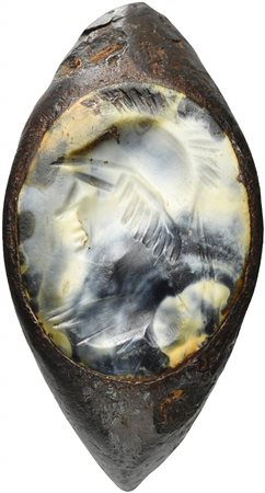 A roman burnt agate intaglio mounted on an antique iron ring. Bust of Athena. 