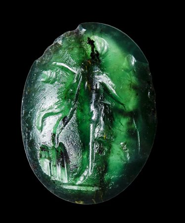 A roman green chalcedony intaglio. Dancing Maenad. 