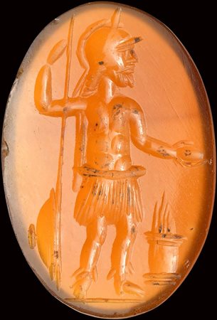 A roman carnelian intaglio. Mars offerer. 
