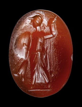 A roman carnelian intaglio. Athena Promachos. 