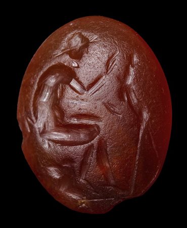 A roman agate carnelian intaglio. Priapic scene. 