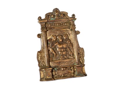 Bottega di Galeazzo Mondella, detto il Moderno (Verona 1467 - 1528) - Pace in bronzo raffigurante Compianto di Cristo, entro edicola con cornice sansovina, secolo XVI