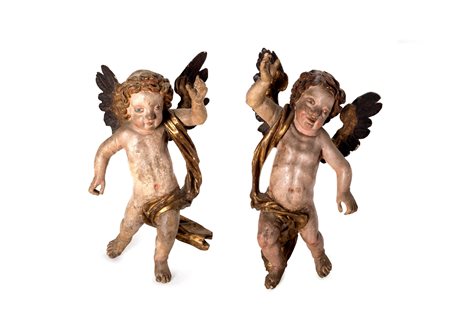 Due Angeli in legno laccato, secolo XVIII