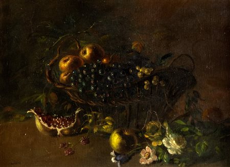 Scuola italiana, secolo XX - Due nature morte con fiori e frutti  in un cesto di vimini