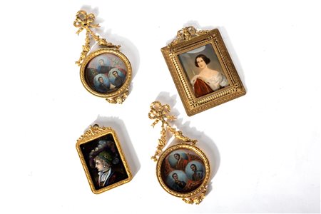 Lotto composto da quattro miniature in materiali vari, entro cornici in bronzo dorato, inizi secolo XX