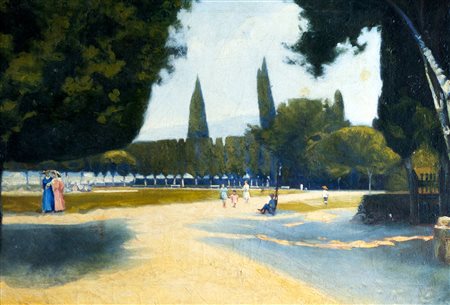 Scuola italiana, secolo XIX - Giardino di una villa con astanti