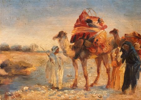Scuola europea, secolo XIX - Paesaggio orientalista con beduini e cammelli