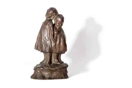 Scuola italiana, fine del secolo XIX - inizi del secolo XX - Scultura in bronzo raffigurante due bambini