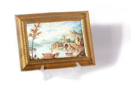 Miniatura in smalto raffigurante paesaggio fluviale con borgo e imbarcazioni