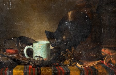 Scuola francese, secolo XIX - Natura morta con armi, una tazza in ceramica e altri utensili su un tavolo