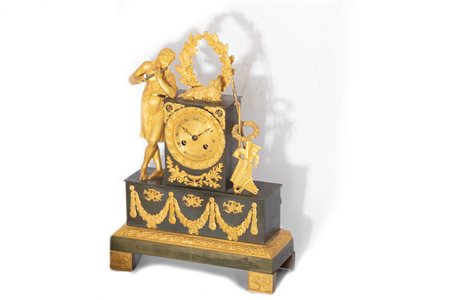 Pendola Carlo X in bronzo a patina scura e dorato con pastore arcadico