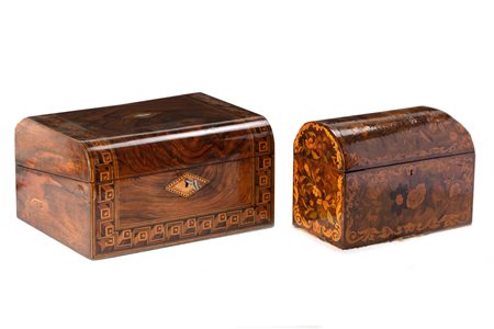 Lotto di due scatole in legno intarsiato, secolo XIX