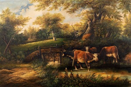 Scuola europea, secolo XX - Paesaggio con mucche al guado