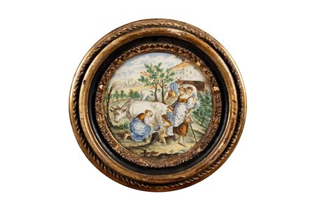 Due formelle in ceramica policroma Castelli raffiguranti Scena campestre e il Ratto di Europa, secolo XVIII
