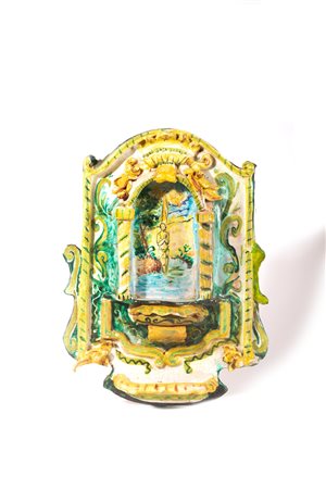 Lotto di tre acquasantiere e due formelle in ceramica policroma, secolo XX