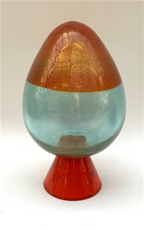 Carlo Moretti Scultura a forma di uovo in vetro trasparente azzurro e arancio co