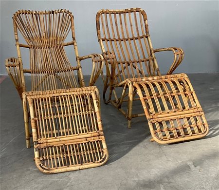Lotto composto da due chaise longue in manao, giunco, malacca e scortecciato. I