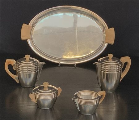 Servizio da tè e caffè art déco composto da vassoio, teiera, caffettiera, latti