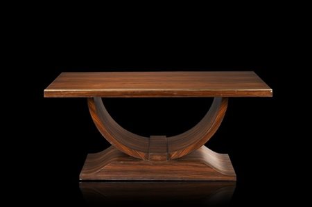 Tavolo Art Déco impiallacciato in legno e bordato in ottone. Italia, 1930ca. (c