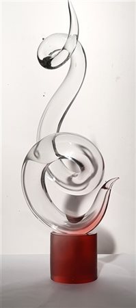 Elio Raffaelli Scultura in vetro trasparente incolore su base in vetro rosso aci