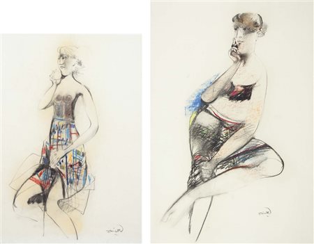 DINETTO LINO Este (Pd) 1927 Figure lotto di 2 tecniche miste su carta 65x45 -...