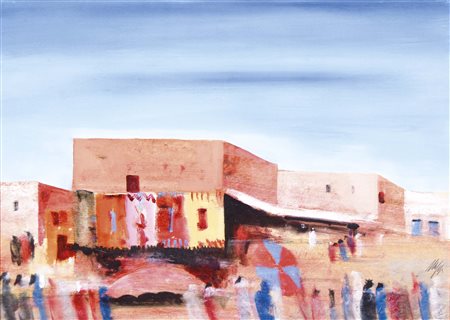 MAGAZZINI SALVATORE Pistoia 1955 Piazza dei tappeti olio su tavola 50x70 cm...