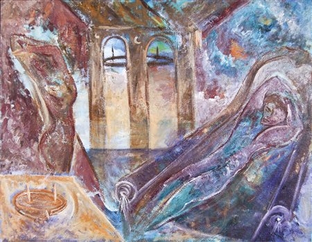 DEL RE MARCO Roma 1950 Interno 1985 olio e tecnica mista su tela 70x90 cm...