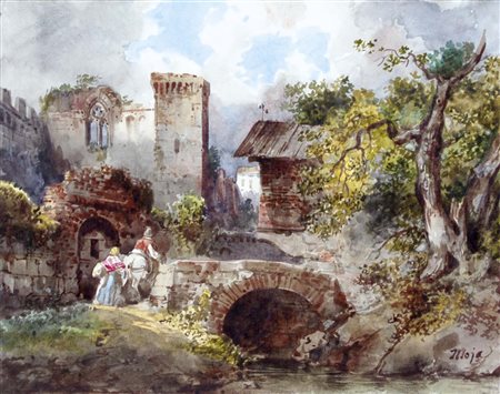 MOJA FEDERICO Milano 1802 - Dolo 1885 Viandanti acquerello su carta 17x22 cm...