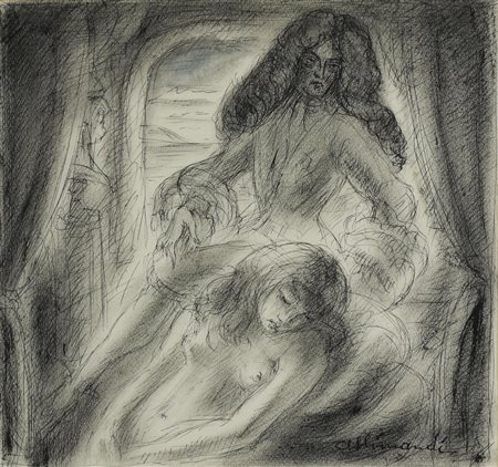 Enrico Allimandi IL RE E LA SCHIAVA china e matita su carta, cm 32x34 firma...