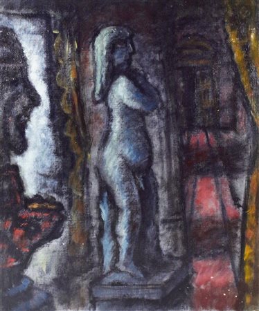 Enrico Allimandi SCULTURE IN UN INTERNO olio su cartone telato, cm 60x50...