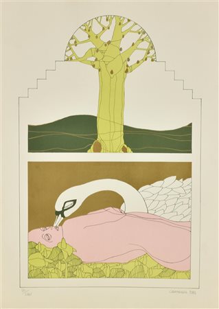 Mario Gramaglia LEDA E IL CIGNO serigrafia su carta, cm 69,5x49,5; es....