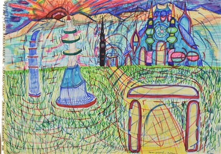 Dando NEW WORLD tecnica mista su carta, cm 34,7x50,2 firma e titolo L'opera...