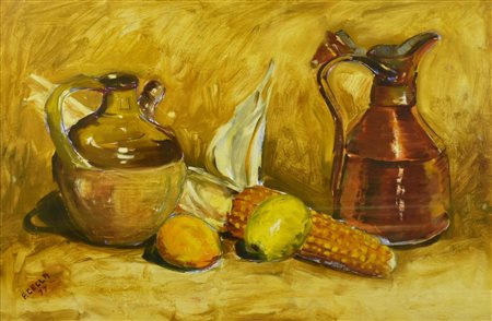 Francesco Cella NATURA MORTA olio su tela, 60X40cm firma e data sul retro:...