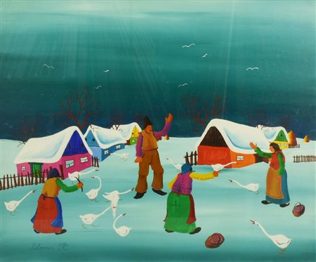 Milovan PAESAGGIO INVERNALE olio su tela, 50x60cm firma e data eseguito nel 1975