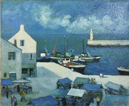 Michel Guerin PORTO olio acrilico e sabbia su tela, cm 60x73 firma sul retro:...