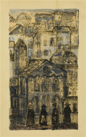 Sergio Arrigoni VEDUTA URBANA E FIGURE pastello su carta, cm 54,5x31, su...