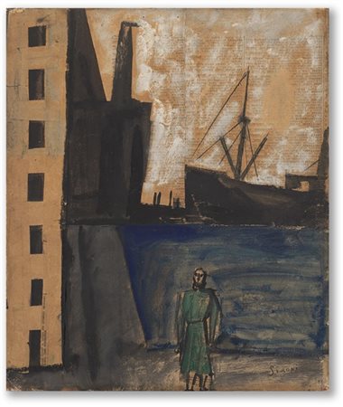 Mario Sironi "Porto, paesaggio urbano e figura" 1920 circa
tempera e collage su